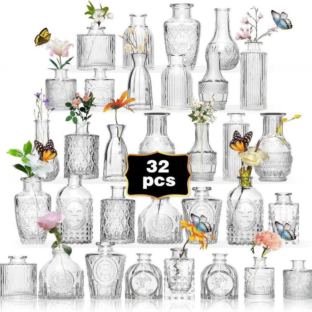 Clear Glass Bud Vases - 32-Piece Decorative Set